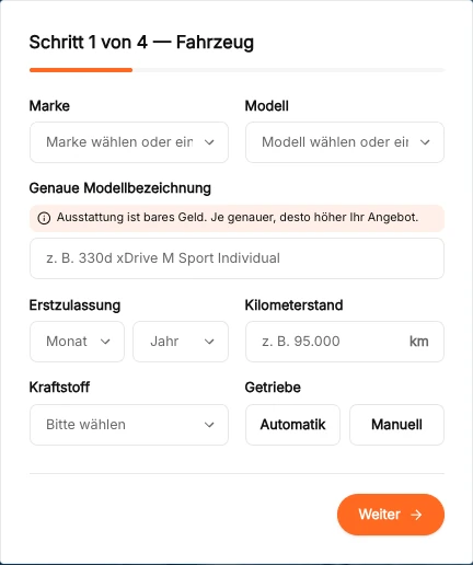 Ankaufsformular zur Fahrzeugbewertung auf der Website eines Autohauses