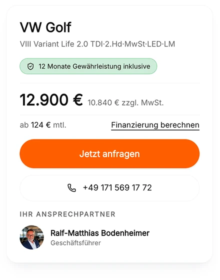 Detailseite eines Fahrzeugs mit Preis, Finanzierung, Anfrage-Button und Ansprechpartner