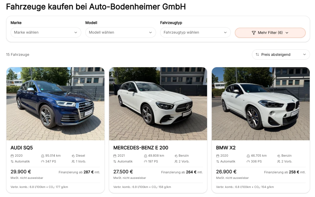 Fahrzeugübersicht mit Filtern und Fahrzeugkarten auf der Website eines Autohauses