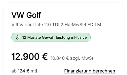 Fahrzeugseite mit automatisch ergänztem Hinweis „12 Monate Gewährleistung inklusive“ unter dem Fahrzeugnamen